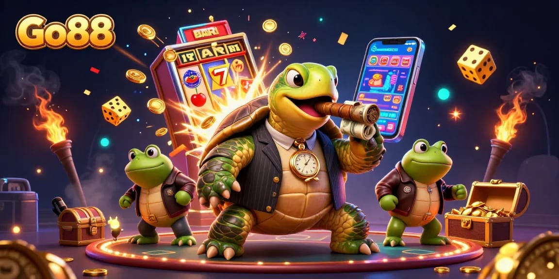 Experience exciting wins at Go88 with this vibrant 3D casino illustration featuring diverse gaming elements.