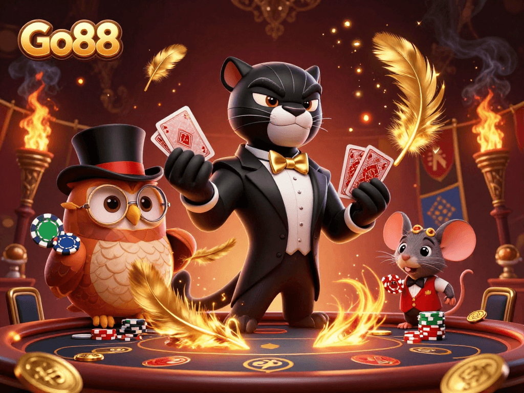 Go88's vibrant casino illustration showing characters winning big at poker with excitement.