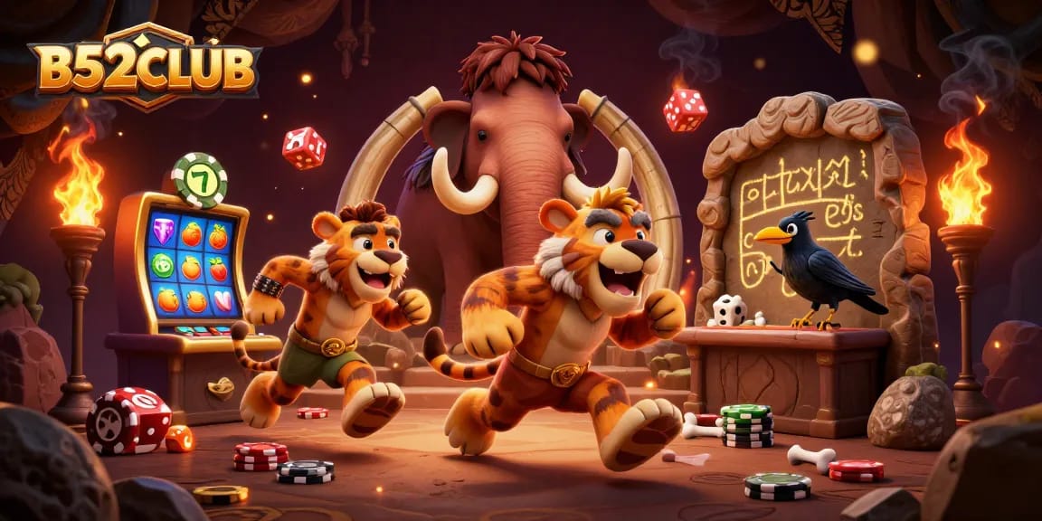 B52CLUB offers an exciting prehistoric casino experience with characters engaging in vibrant slot gameplay.