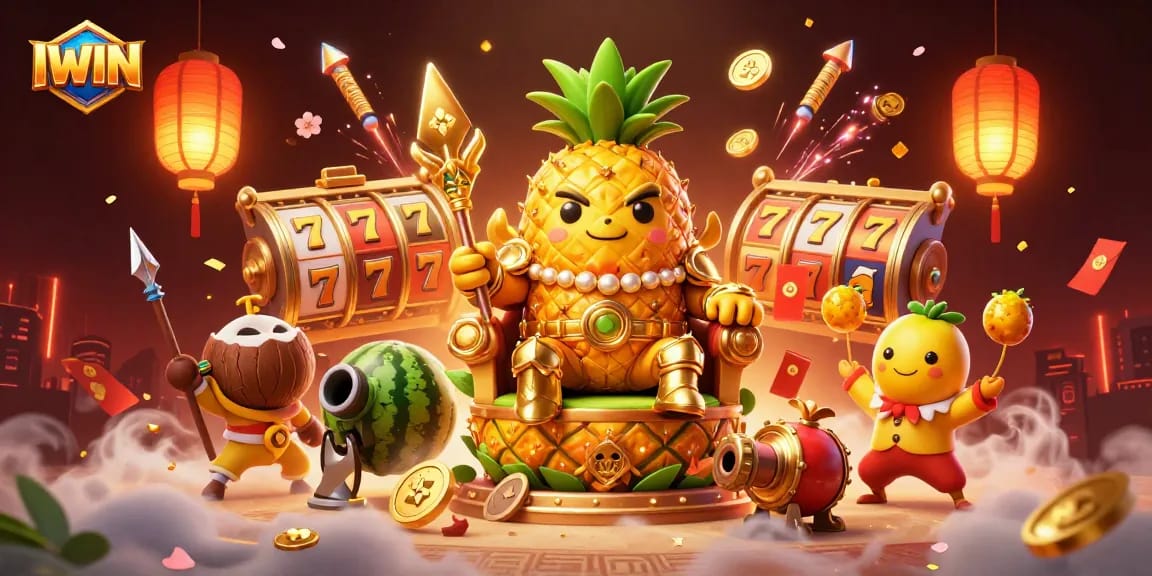 Win big with IWIN's vibrant casino adventure illustrated with a golden pineapple king and dynamic slot reels.