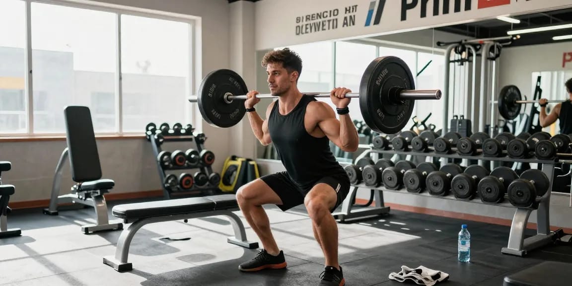 Prime Pharma Steroïden voor maximale prestaties in de sportschool, energieke atleet die gewichten heft.