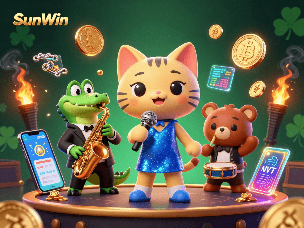 Play exciting games at SunWin, featuring vibrant 3D characters and glowing crypto elements.