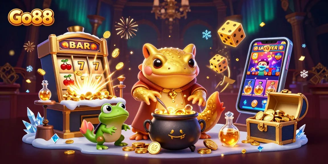 Engage with Go88's vibrant gambling world as golden alchemists turn coins in a captivating scene.