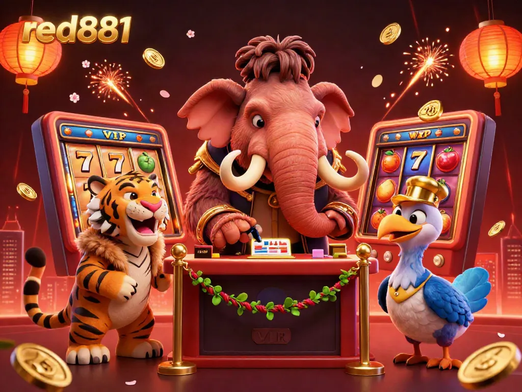 Experience the vibrant casino atmosphere of red881 with a woolly mammoth bouncer and saber-tooth tiger VIP.