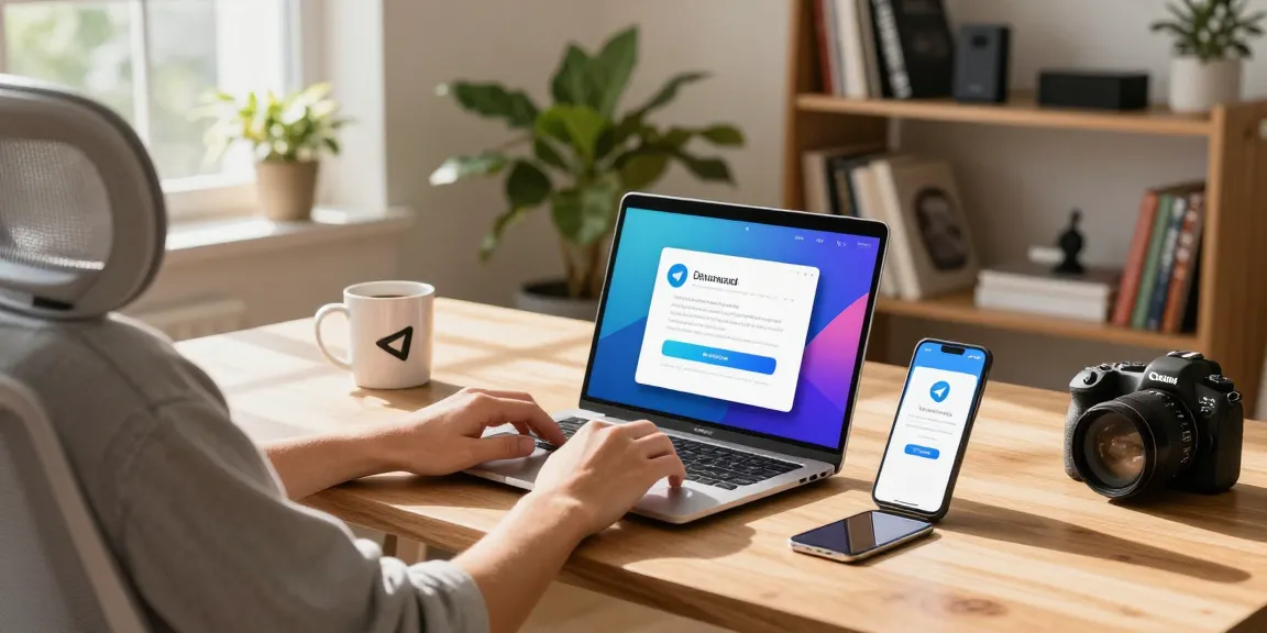 Download Telegram on a laptop in a modern home office setup with vibrant visuals and inviting atmosphere.