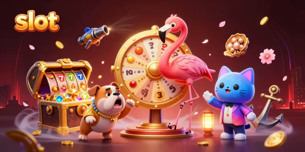 Experience thrilling slot moments with a game show host flamingo, excited bulldog, and prizes in vibrant colors.