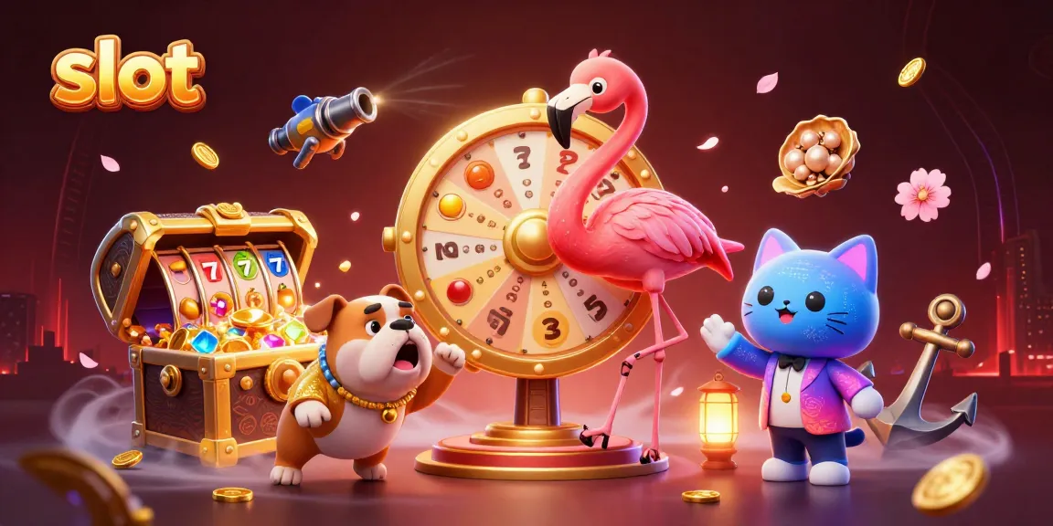Experience thrilling slot moments with a game show host flamingo, excited bulldog, and prizes in vibrant colors.