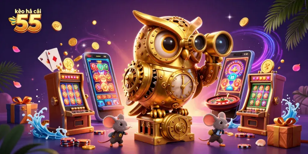 Experience the thrill of kèo nhà cái 55 with a captivating scene featuring a golden owl and vibrant casino elements.
