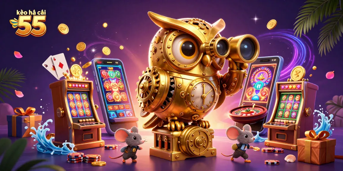 Experience the thrill of kèo nhà cái 55 with a captivating scene featuring a golden owl and vibrant casino elements.
