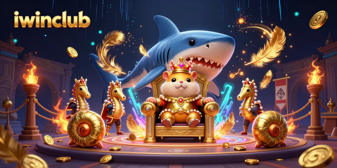 Engage in thrilling games with iwinclub's vibrant casino scene featuring a fierce hamster king.