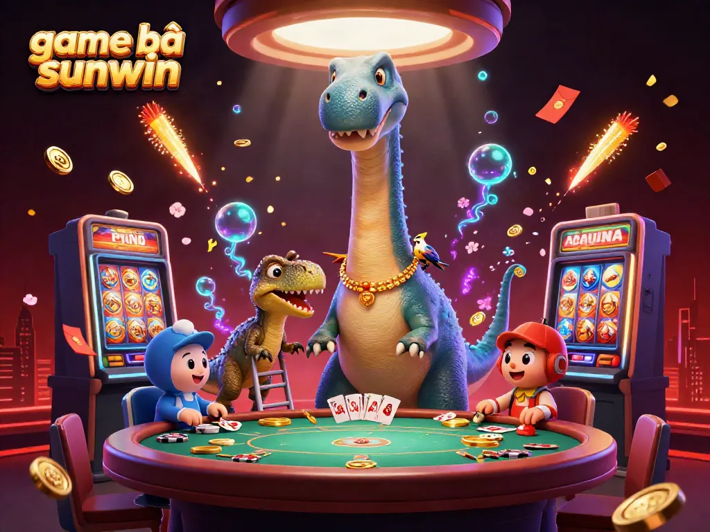 Engage with game bài sunwin in a vibrant casino scene featuring a towering dinosaur and dynamic game elements.