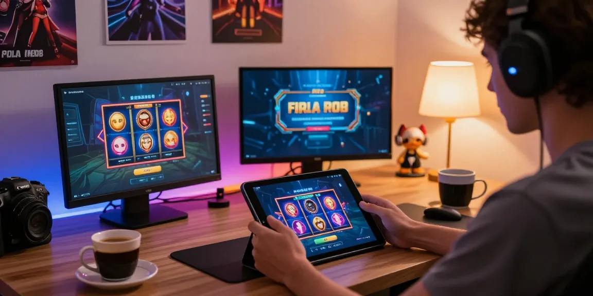 User enjoying the DA88 online gaming experience on a tablet, surrounded by vibrant slot game graphics and cozy gaming setup.