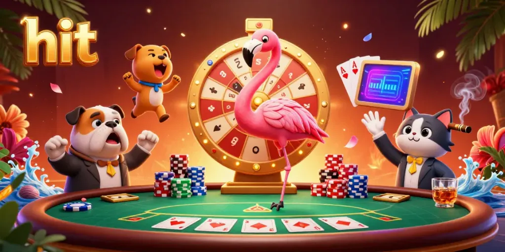 Hit big at Hit Club with a vibrant 3D scene featuring a flamingo host, bulldog contestant, and prize wheel.