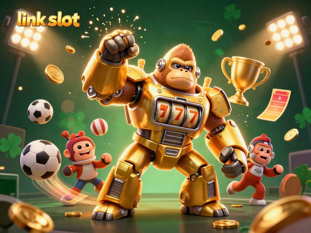 Experience big wins with link slot, featuring a golden gorilla mech and dynamic sports elements.