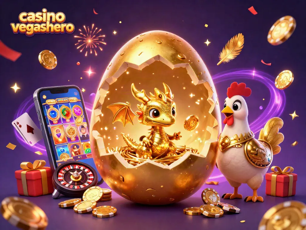 Experience the thrill of casino vegashero with a spectacular baby dragon emerging from a golden egg among poker chips.