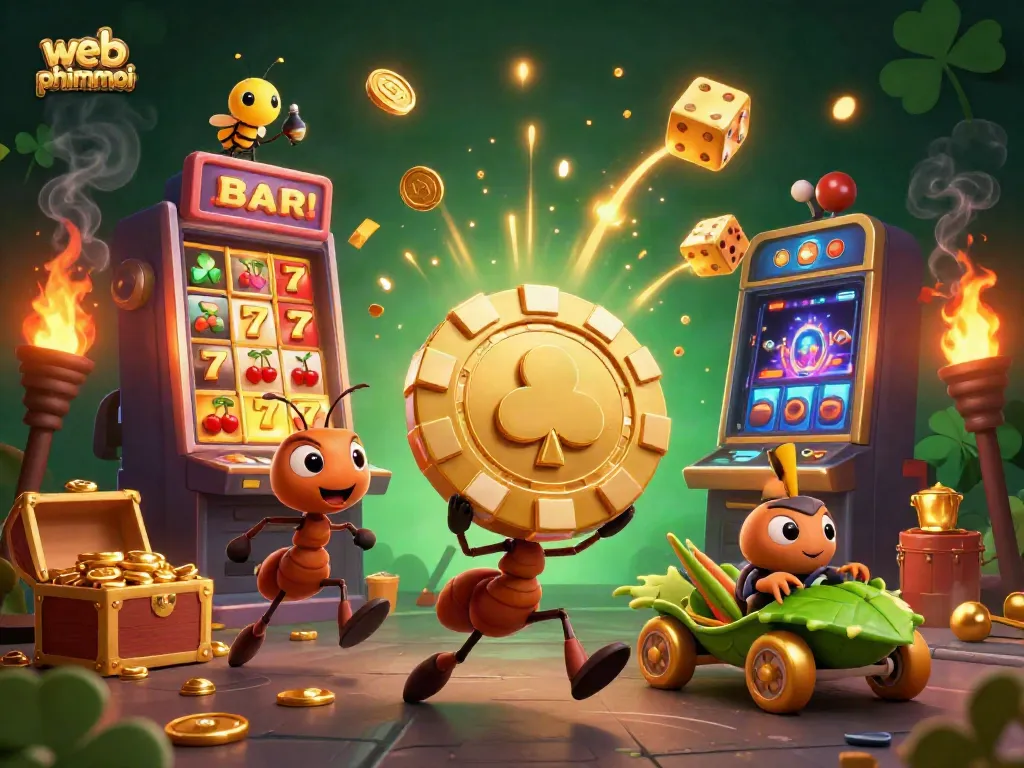 Ants carry a giant poker chip in a vibrant casino heist scene, highlighting web phimmoi.