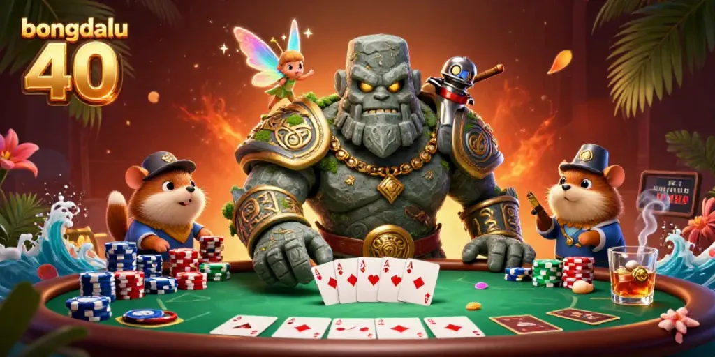 Experience the thrill of Bongdalu 40 with a vibrant 3D casino scene showing lively characters and poker elements.