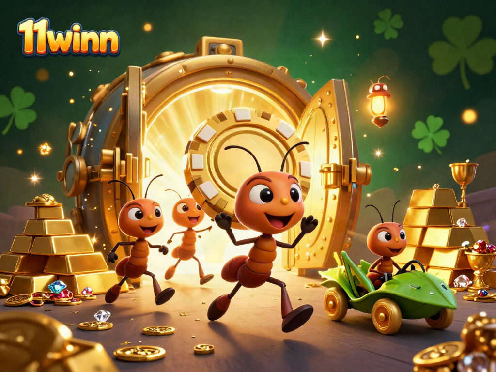 11winn ants engage in a thrilling casino heist, showcasing massive poker chip and treasure.