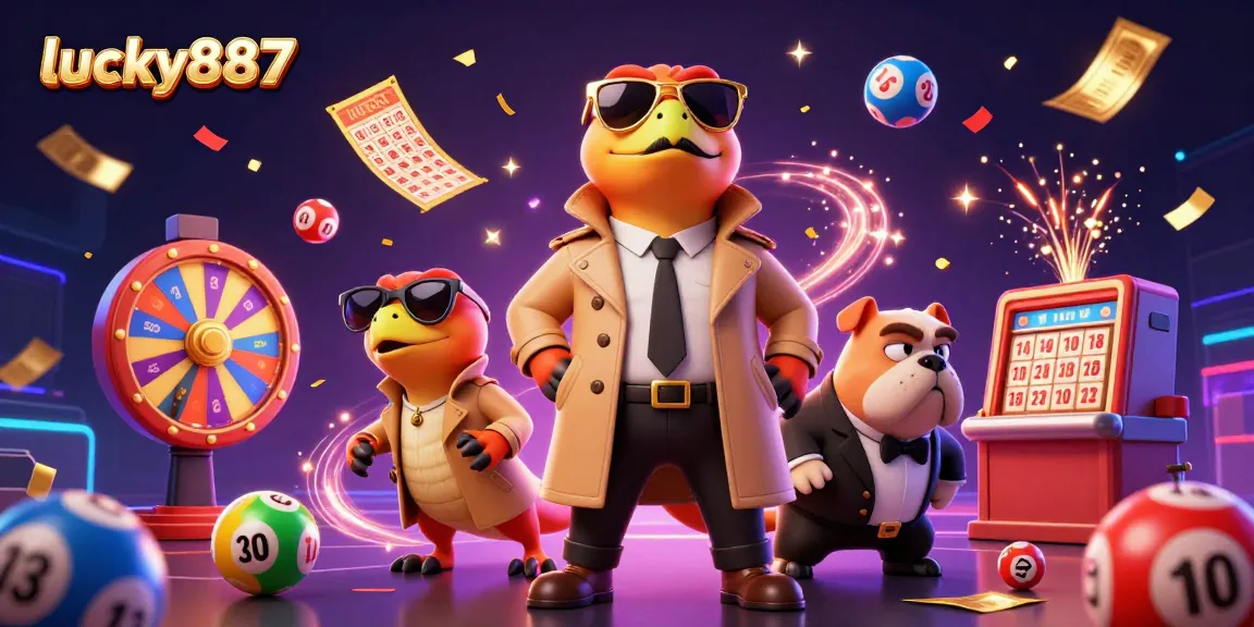 Experience lucky887 with cartoon raptors entering a casino, vividly surrounded by lottery elements.