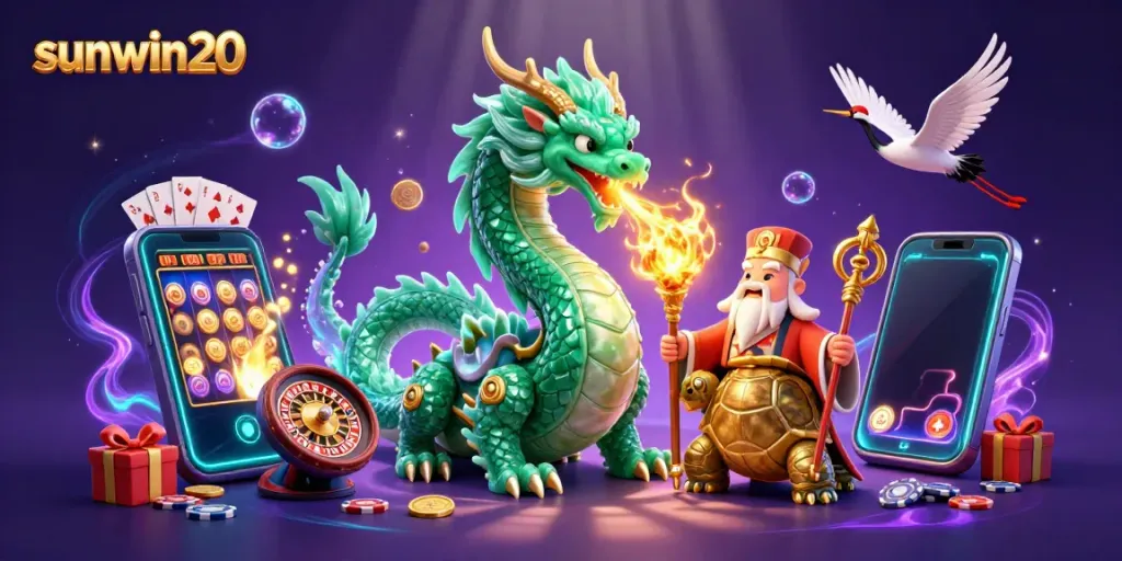 Experience the thrill of sunwin20 with a vibrant 3D dragon and casino game elements bursting into action.