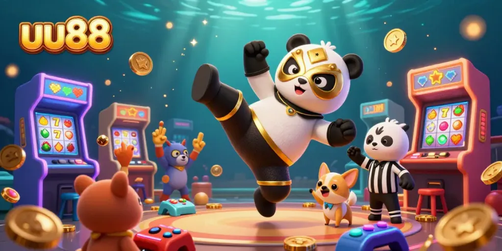 uu88 slot game excitement illustrated with panda wrestler, chihuahua referee, and animal crowd.