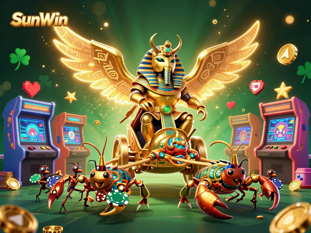 Experience thrilling fun at SunWin with the colossal golden scarab and scorpions in vibrant casino gameplay.