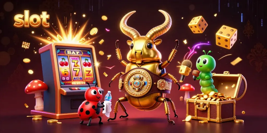 Engage in exciting slot gameplay with a dynamic scene of a giant golden beetle champion, jackpot explosions, and vibrant casino elements.