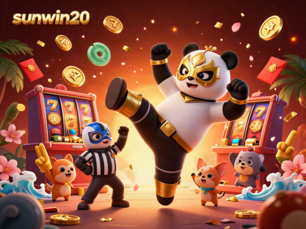 Experience the excitement of gaming at sunwin20 with a panda wrestler, colorful slots, and lively animal spectators.
