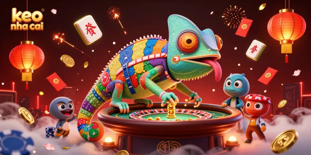 Engage with keo nha cai in this vibrant, dynamic casino scene filled with gaming elements.