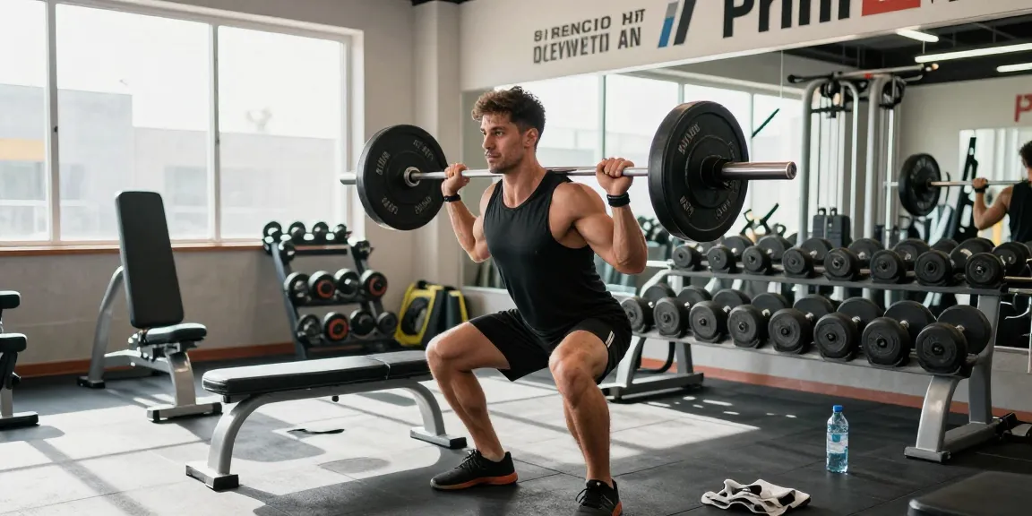 Prime Pharma Steroïden voor maximale prestaties in de sportschool, energieke atleet die gewichten heft.