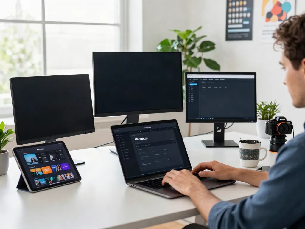 Pikashow for PC setup with laptop, monitors, and streaming content in a modern workspace.