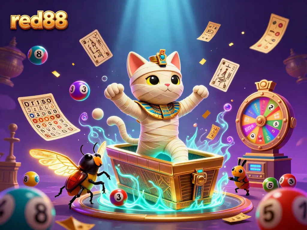 Experience the thrilling world of red88 with a vibrant scene featuring a mummy cat and golden elements in a dynamic casino setting.