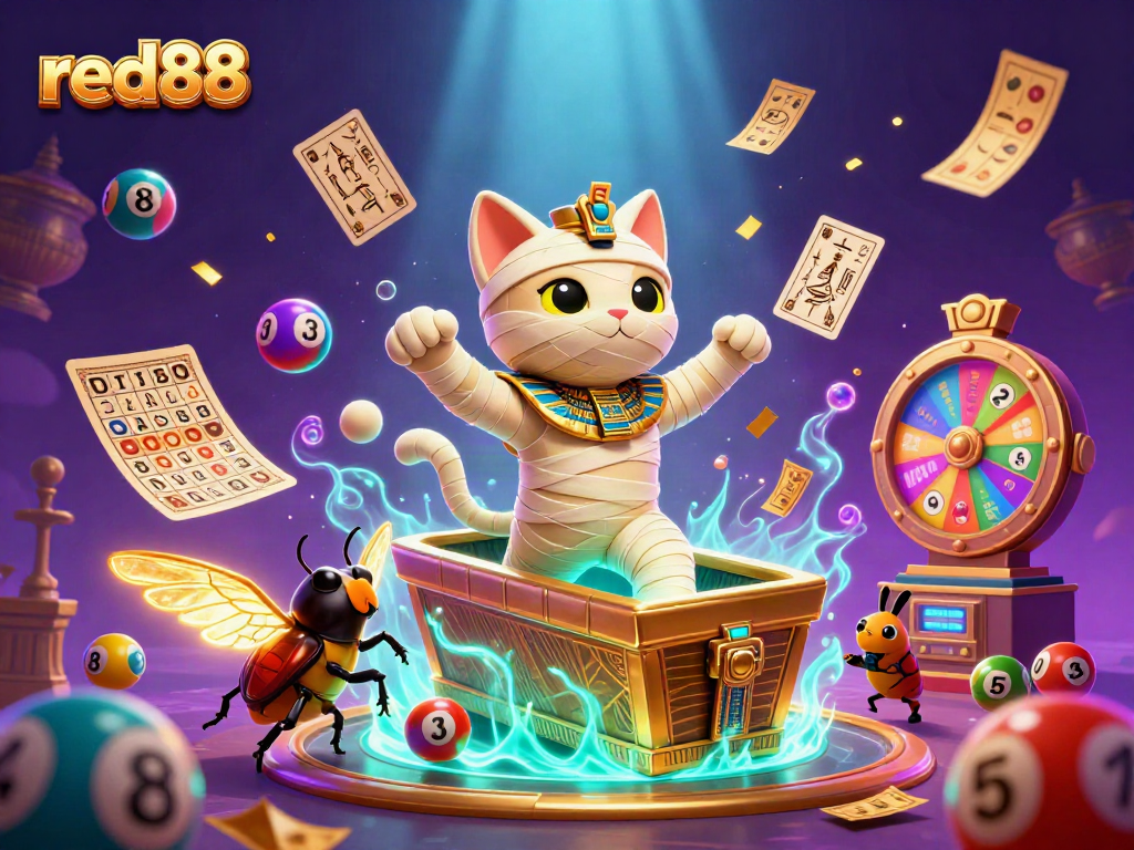 Experience the thrilling world of red88 with a vibrant scene featuring a mummy cat and golden elements in a dynamic casino setting.