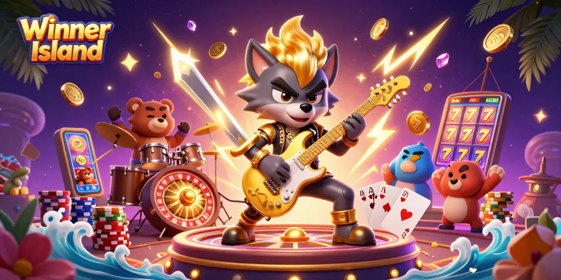 Winner Island features a dynamic scene with a rock star wolf and drummer bear amidst cascading gold coins and vibrant casino elements.