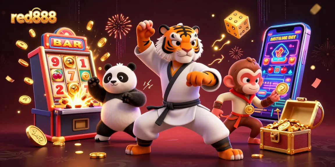 red888 jackpot scene showcasing a kung fu tiger and panda disciple surrounded by vibrant casino elements.