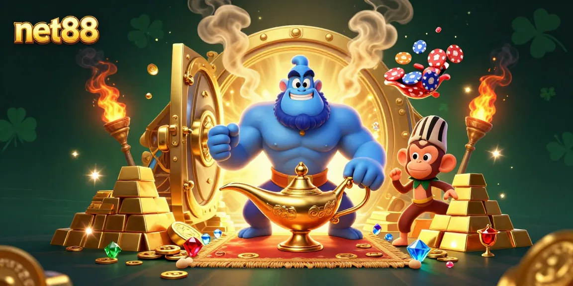 Join net88 for thrilling casino adventures with a magical genie and treasure-filled scene.