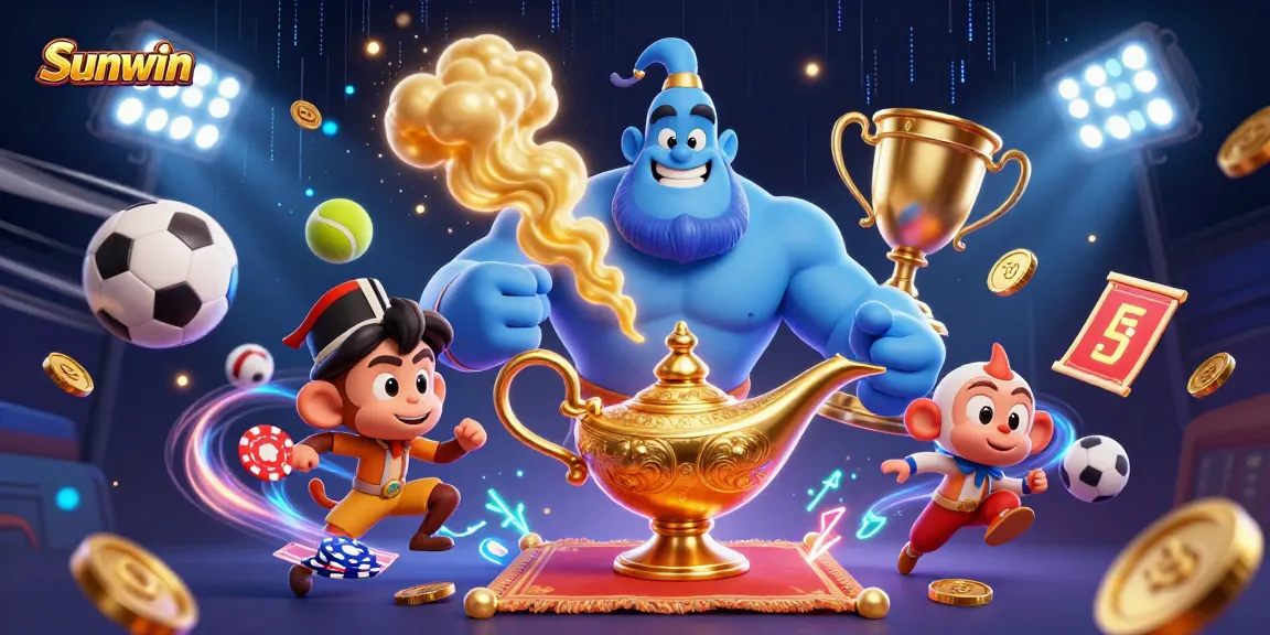 Win big with Sunwin in a vibrant casino scene, featuring a playful genie and dynamic game elements.