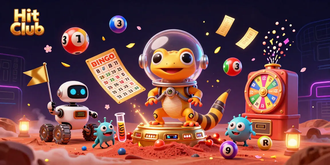 Hit Club showcases a vibrant, dynamic casino scene with a Martian gecko and casino elements influencing wins.