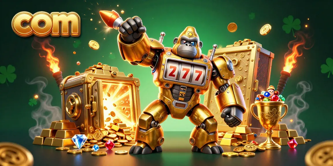 Spin to win with com's vibrant animation of a golden gorilla mech bursting with coins and treasures.