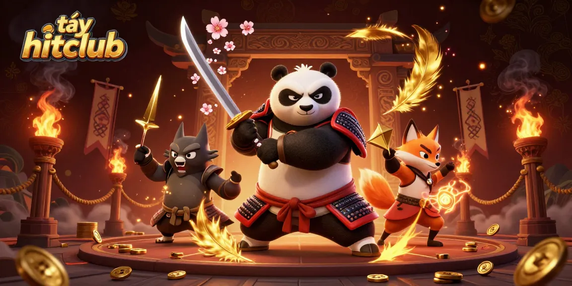 Tải hitclub with a fierce samurai panda and ninja fox in an explosive casino scene filled with gaming tokens.