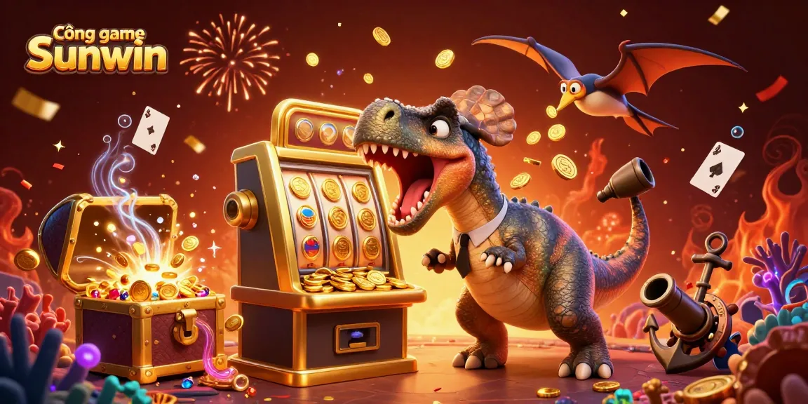 Cổng game Sunwin features 3D cartoon characters interacting in a vibrant casino scene with dynamic elements.