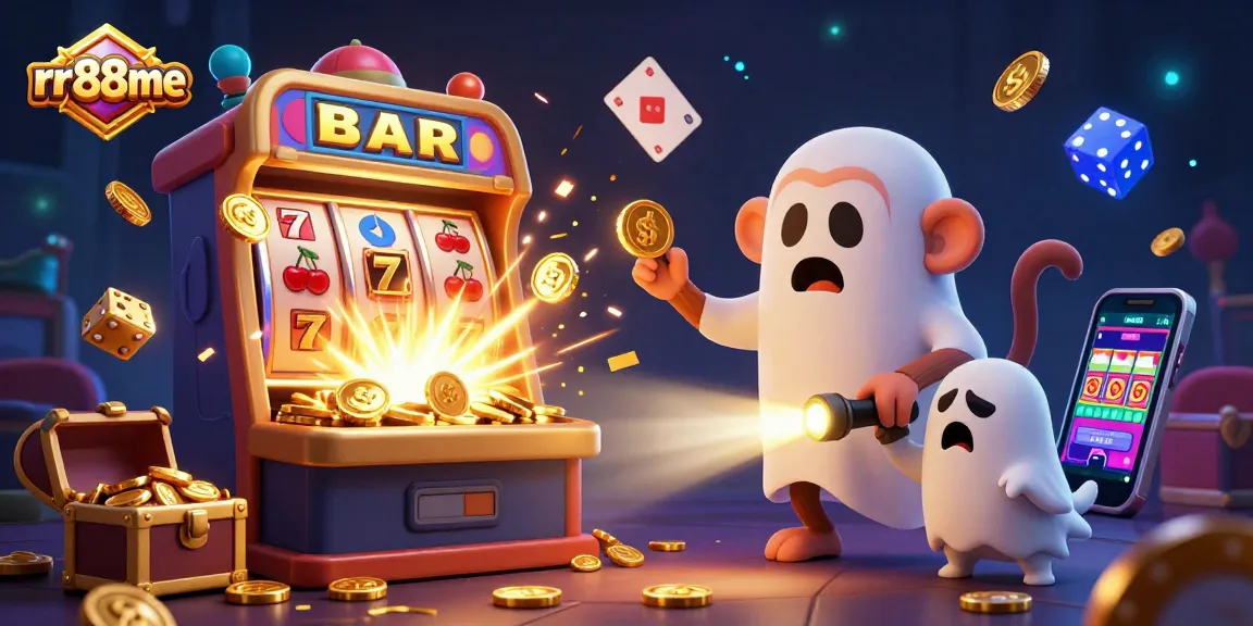 rr88me showcases a vibrant and dynamic casino scene with a playful monkey and puppy amid dazzling game elements.
