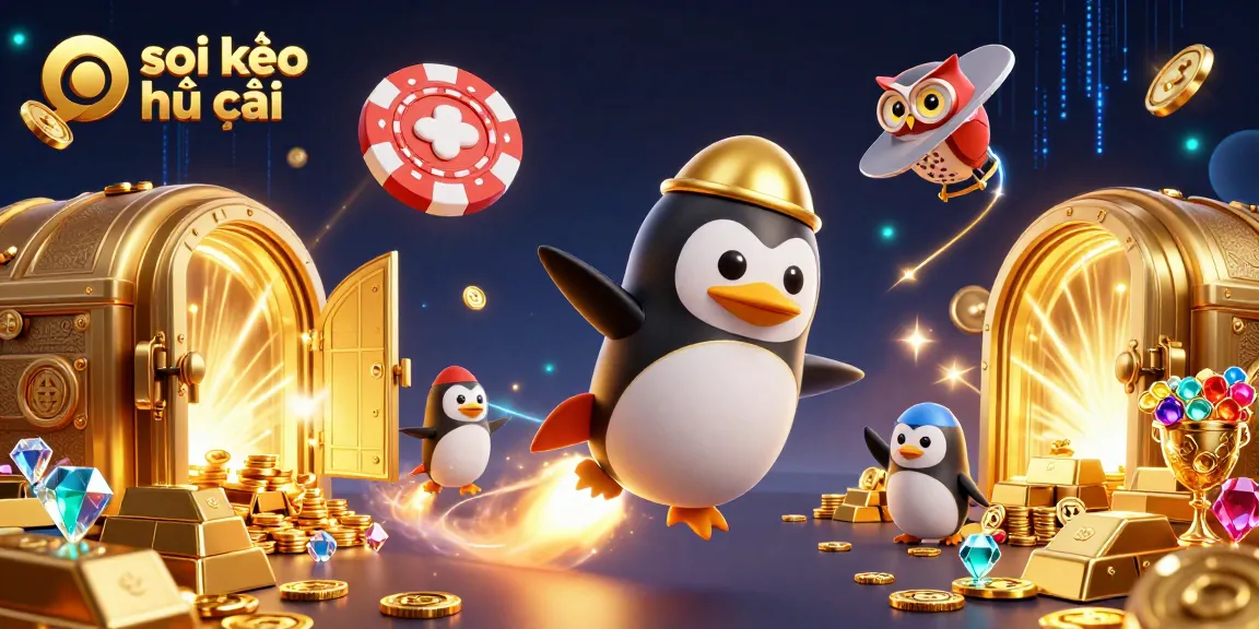 Soi kèo nhà cái with a golden penguin zooming to a casino chip space station, surrounded by treasures.