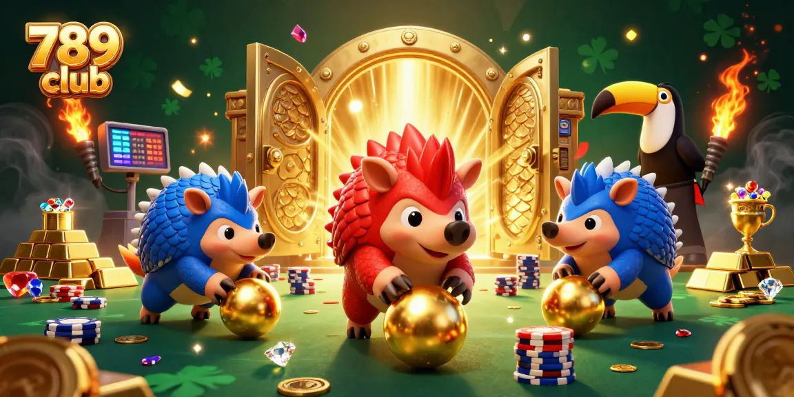 Engage with the 789 club's exciting gaming scene featuring playful pangolins bowling through poker chips.