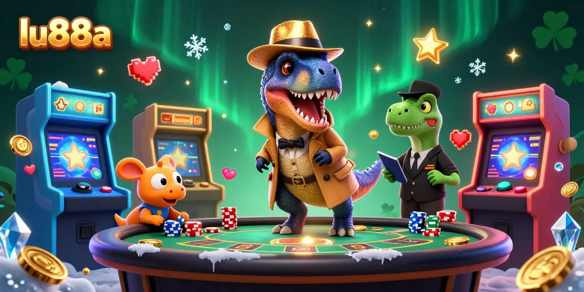 Experience exciting gameplay at lu88a with cartoon dinosaurs in a vibrant casino setting, illustrating thrilling gambling action.