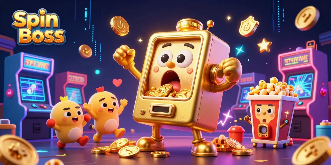 Spin Boss golden slot machine hitting jackpot in a vibrant casino scene surrounded by cheering machines and colorful gaming elements.
