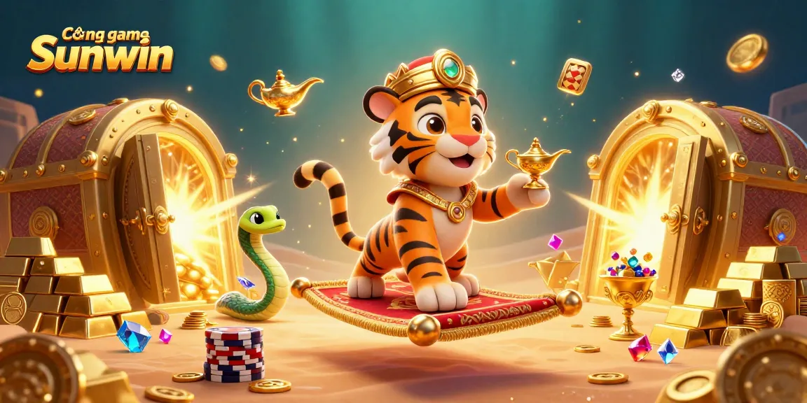 Cổng game Sunwin features an Arabian Nights-themed tiger sultan on a flying carpet among vast treasures, portraying the excitement of casino games.