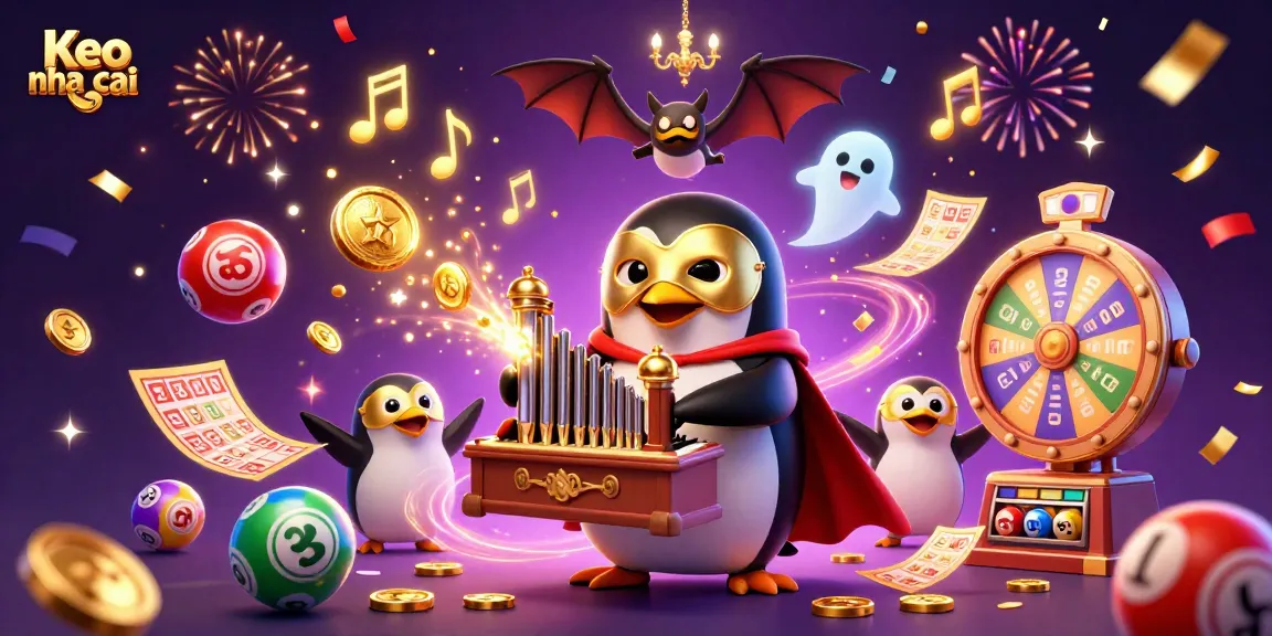 Engage with Keo nha cai as a 3D cartoon penguin brings a colorful casino scene to life.