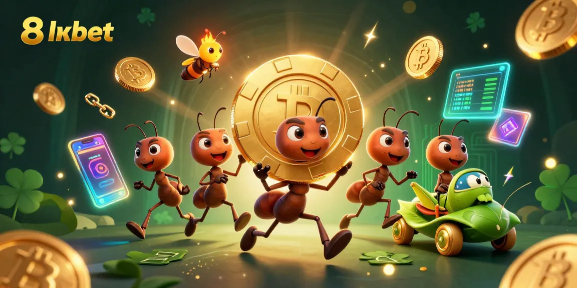 8xbet team of ants navigates a heist with golden poker chip, glowing crypto elements enhancing thrilling casino atmosphere.