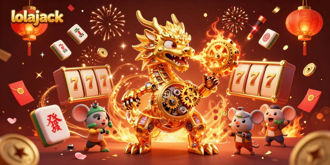 Engage with the thrilling world of lolajack casino, surrounded by a vibrant 3D scene including a golden dragon and festive game elements.